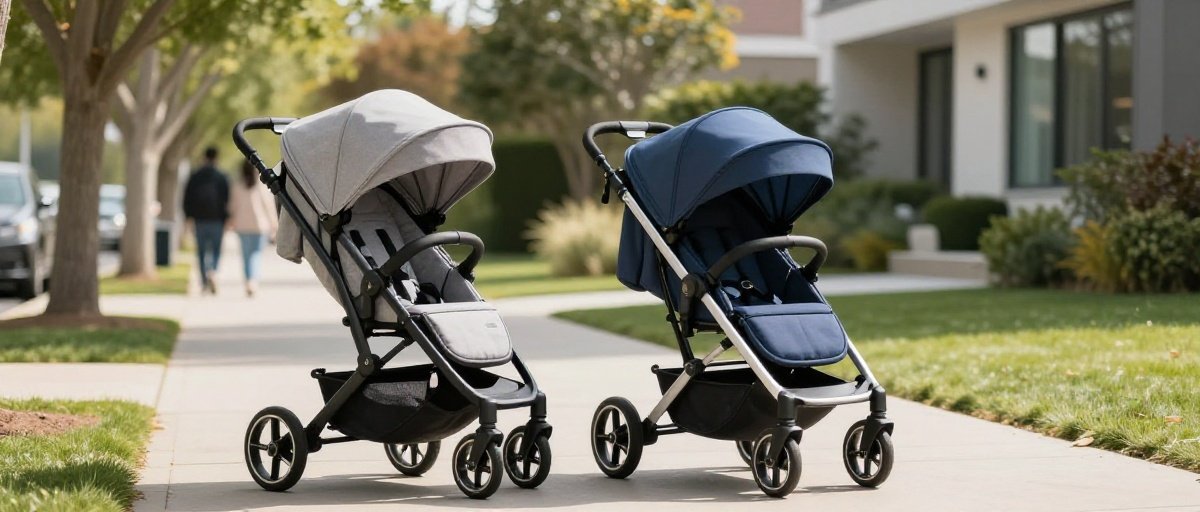 Side by side and tandem strollers in a modern neighbourhood