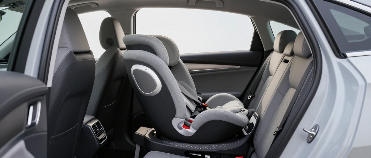 Empty grey convertible car seat installed rear-facing on the back bench of a vehicle, harness and tall headrest visible facing the rear of the cabin