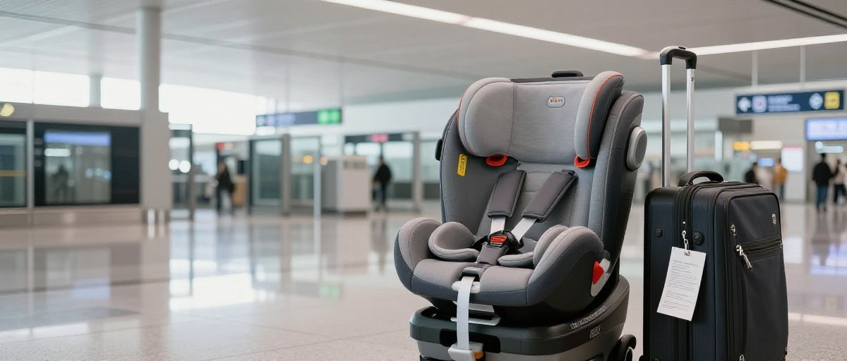 Lightweight travel car seat in an airport terminal