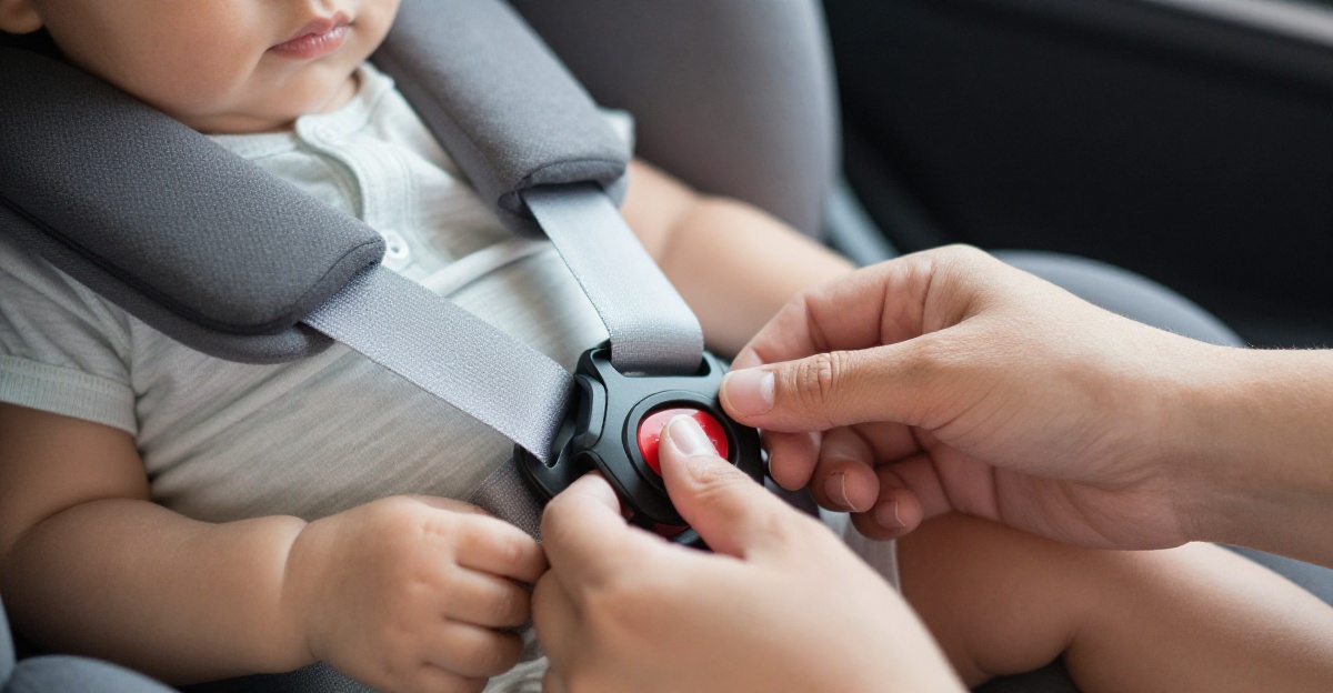 Parent adjusting child car seat harness buckle on toddler