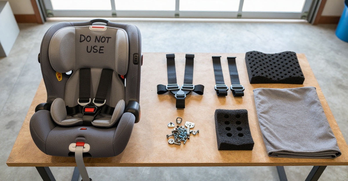 Disassembled car seat parts sorted for recycling
