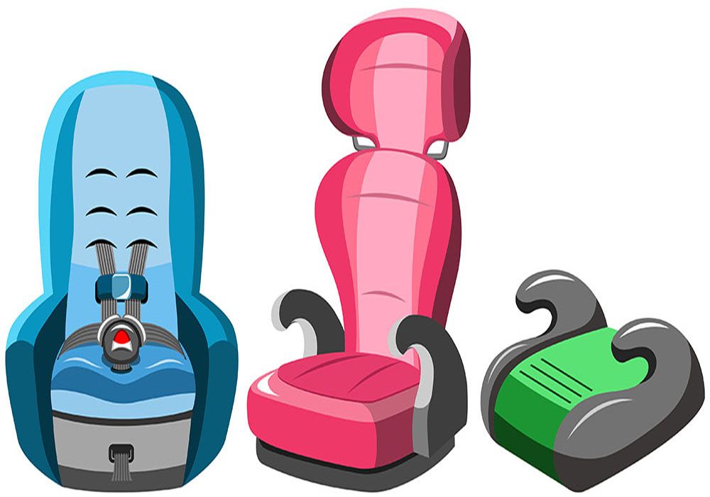 Different types of car seats displayed showing progression from infant to booster