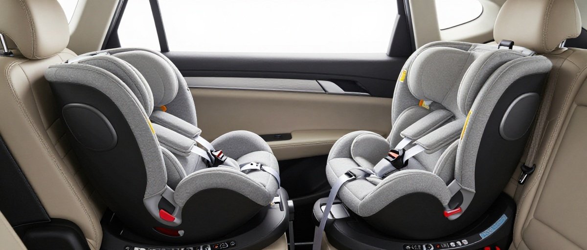 Side-by-side comparison of two infant car seats installed in a modern car's back seat.