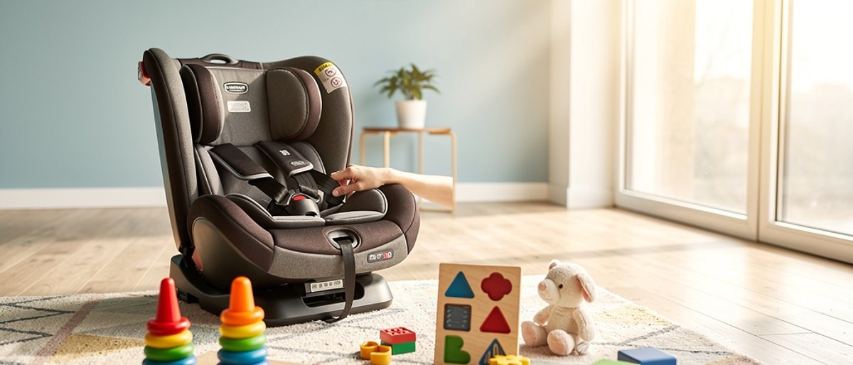 A bright, modern living room with a child's play area and a car seat in the background.