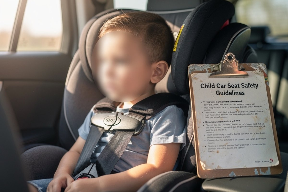 A child in a car seat with safety guidelines beside them.