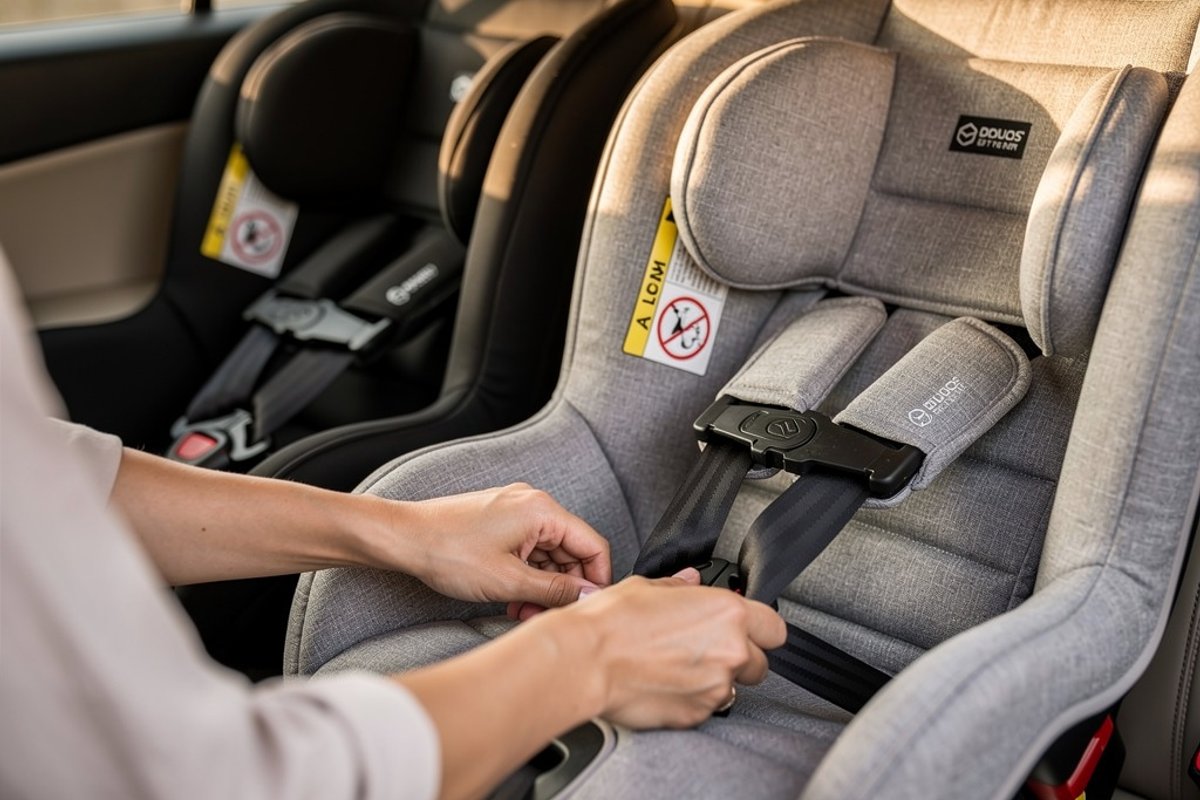 Two car seats with a parent adjusting the harnesses.