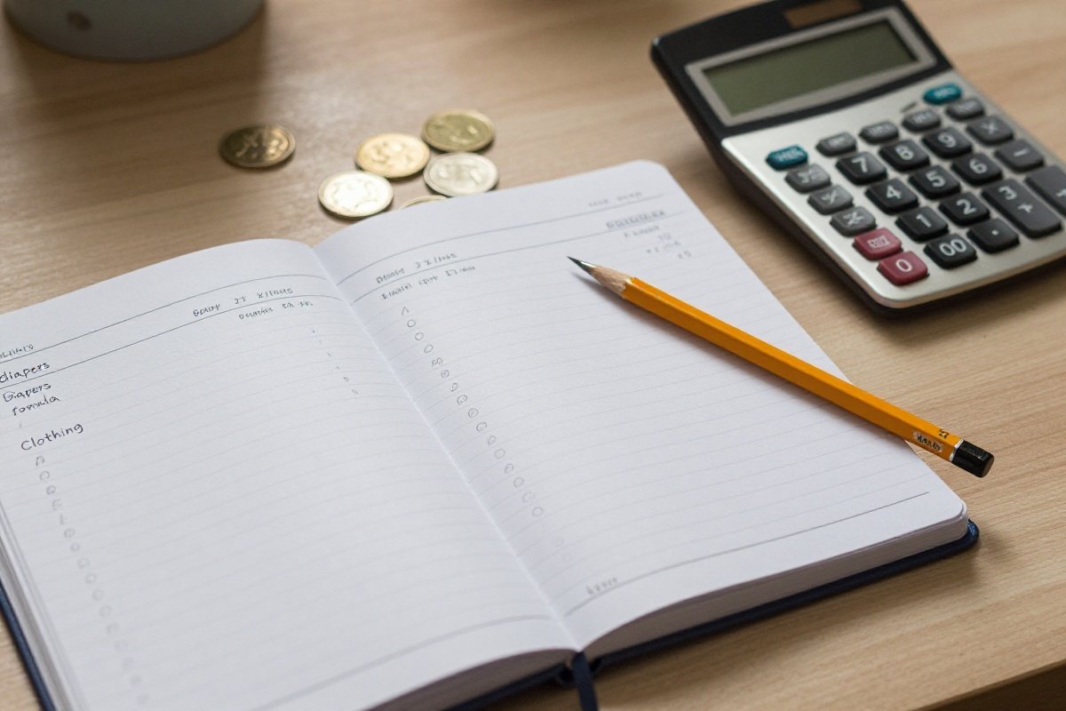Baby expense budget notebook with categories and calculator on kitchen table