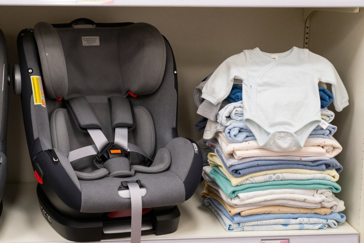 New car seat on store shelf beside stack of quality secondhand baby clothes