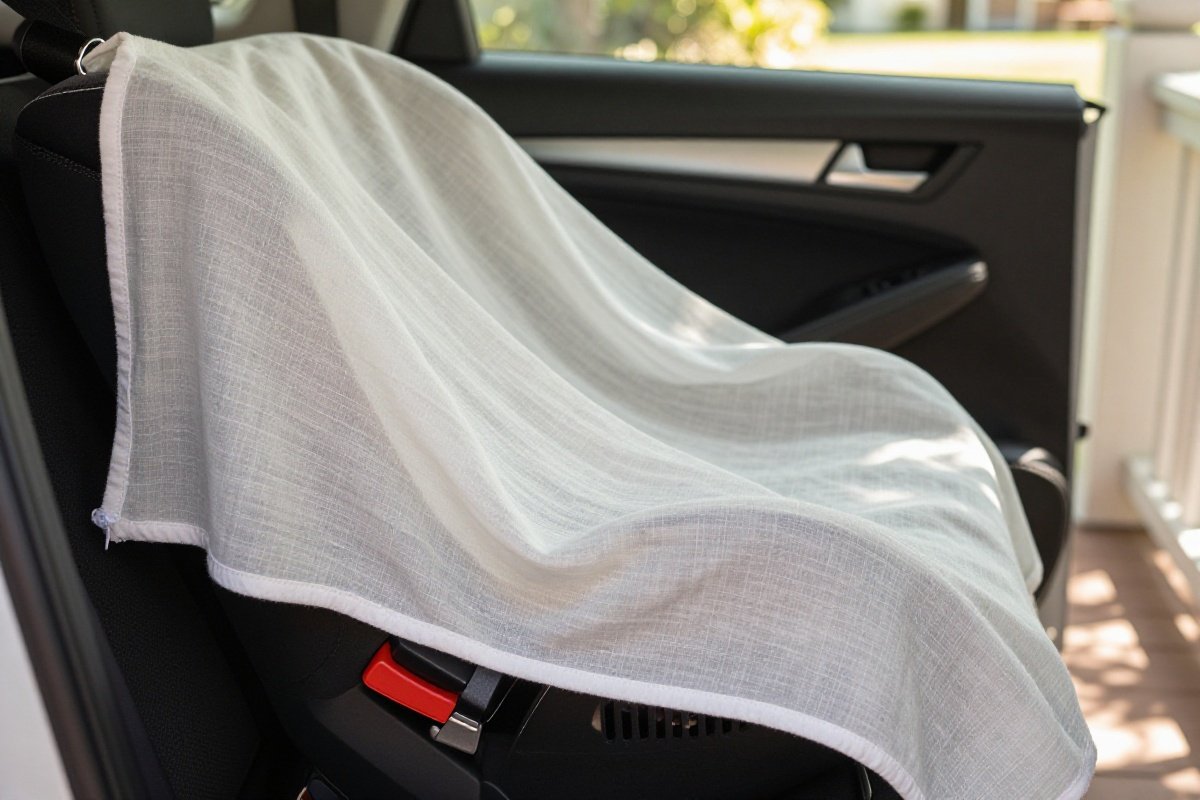 Lightweight muslin blanket providing breathable shade over car seat carrier