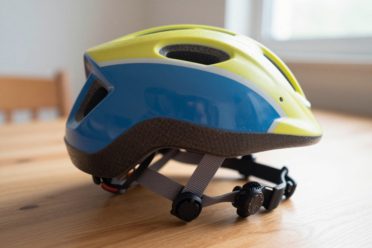 Children's bike helmet showing Y-shaped side straps and rear dial fit system