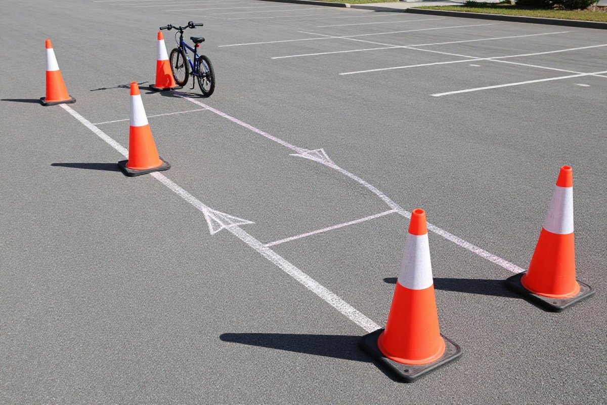 Traffic cones and chalk arrows creating bike safety obstacle course in parking lot