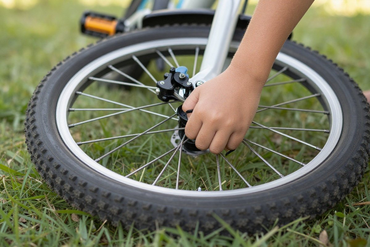 Hand checking tire pressure on upside-down children's bicycle during maintenance