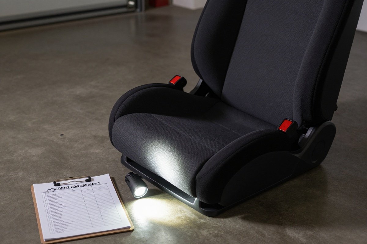 Car seat being inspected with flashlight and assessment checklist after accident