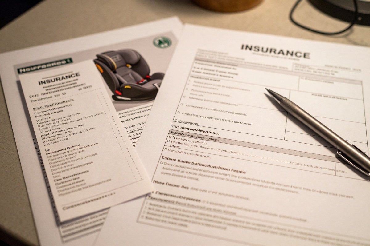Insurance claim form and car seat receipt on kitchen table for replacement filing