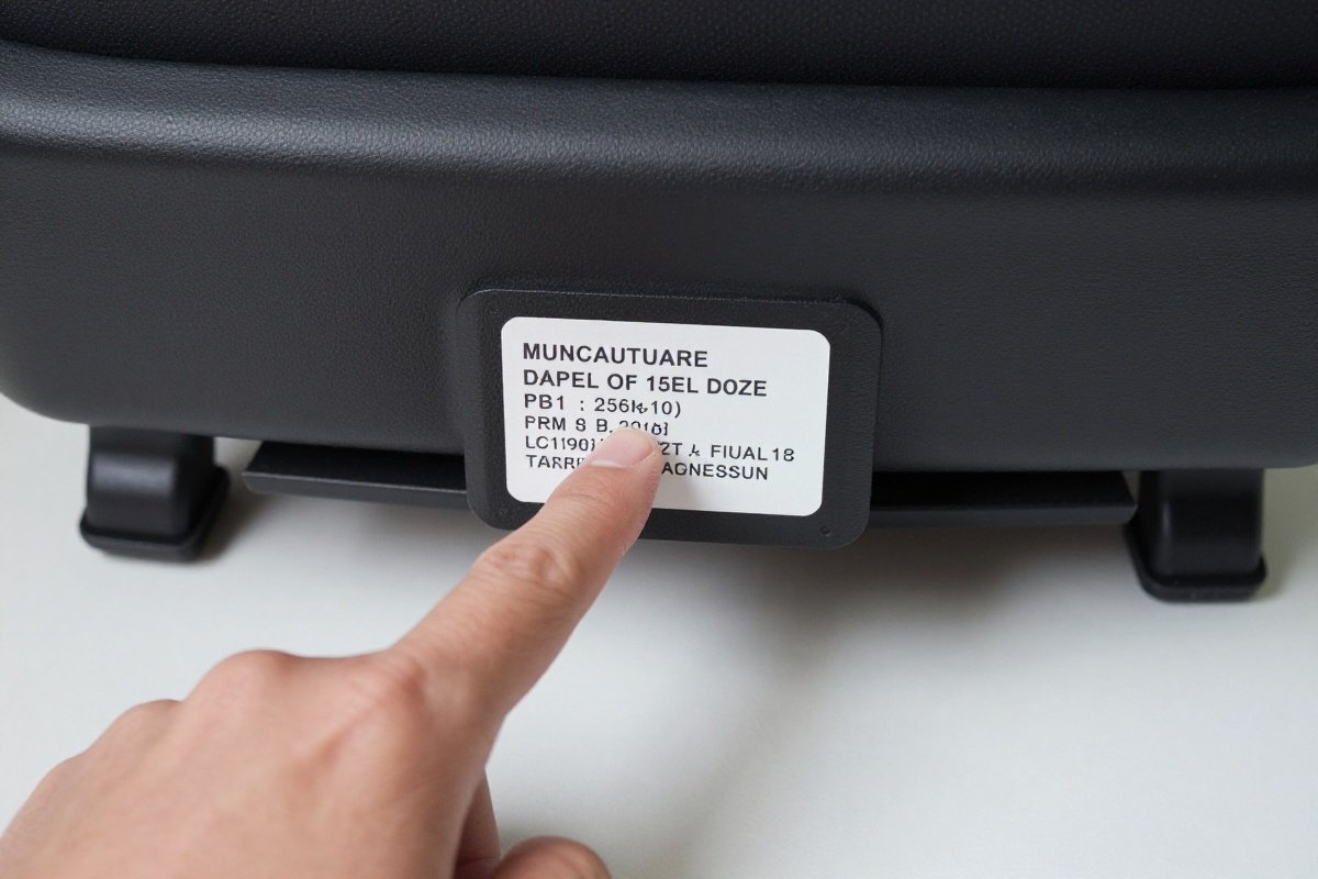 Finger pointing to expiration date label on underside of car seat