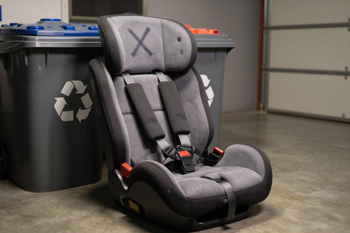 Disassembled expired car seat with cut straps prepared for safe disposal