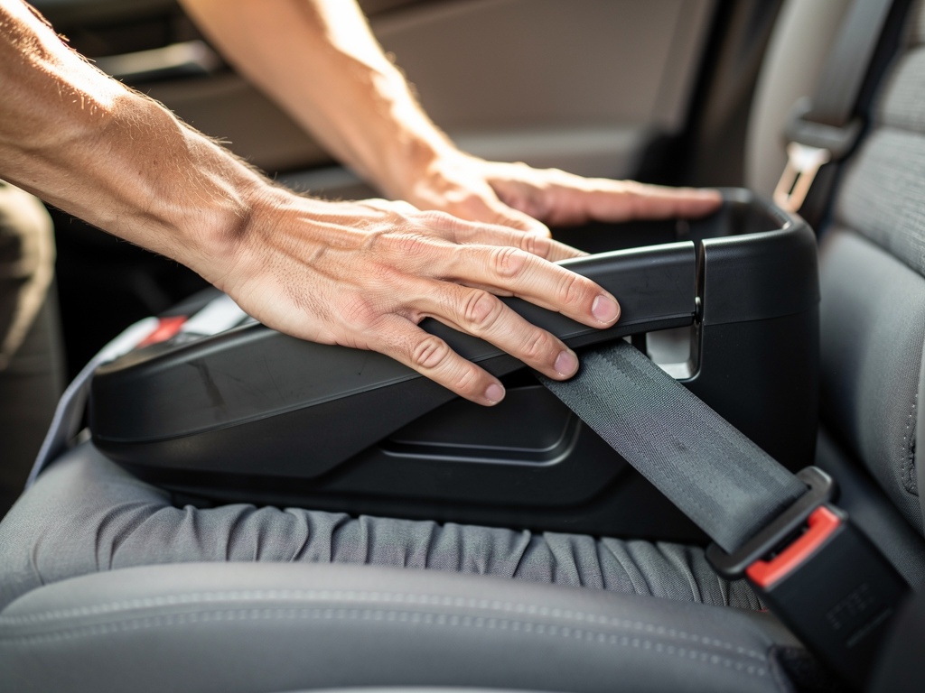 Hands pressing down on car seat base during installation to achieve tight fit
