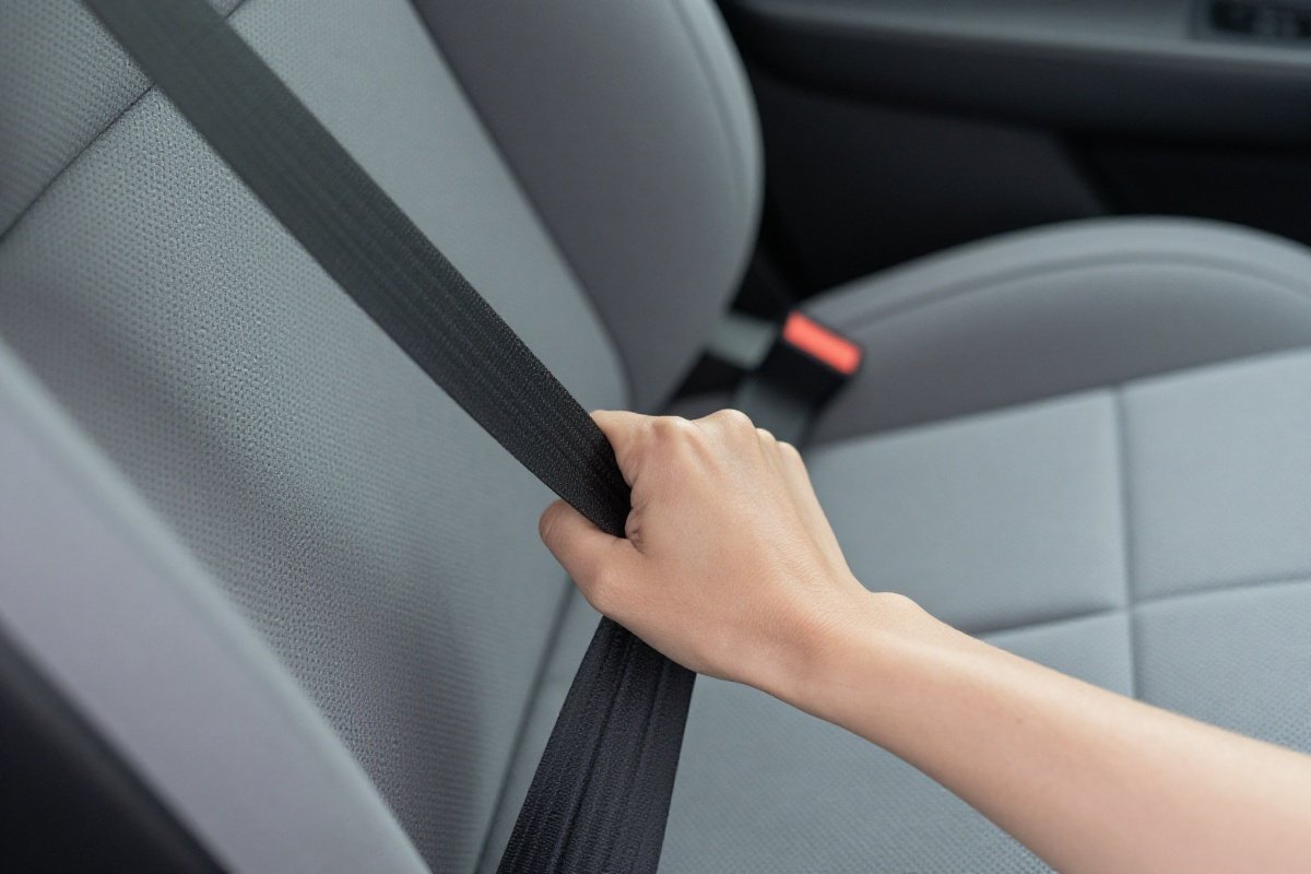 Demonstrating the one-inch movement test by pushing installed car seat at belt path