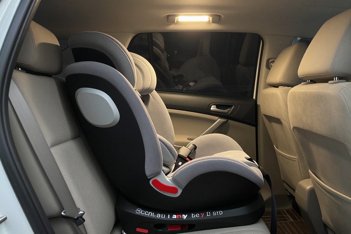 Incorrectly installed car seat showing loose fit and improper recline angle