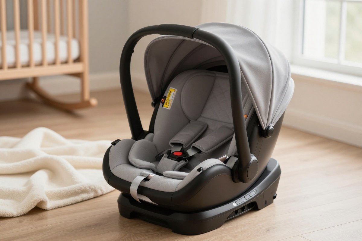 Properly reclined rear-facing car seat installed in vehicle back seat