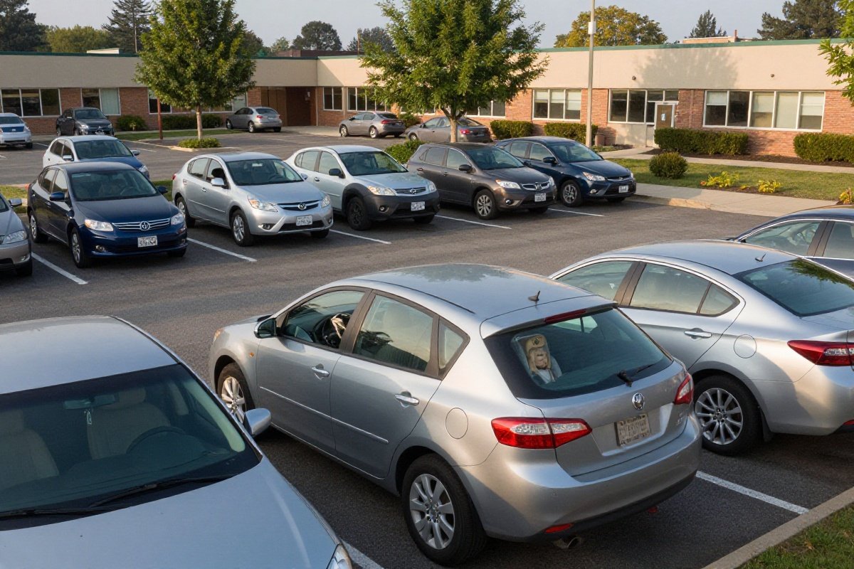 Parking lot showing multiple vehicles highlighting widespread car seat usage in daily life