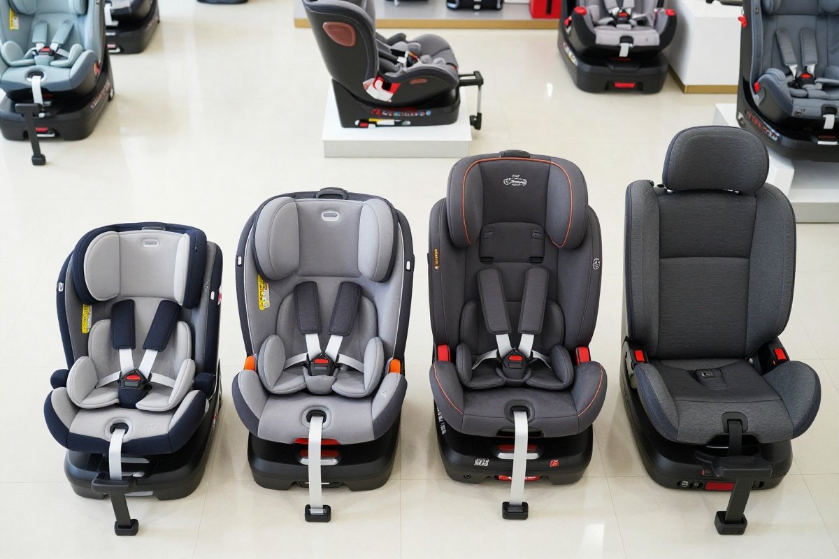 Four car seat types arranged showing progression from infant carrier to booster