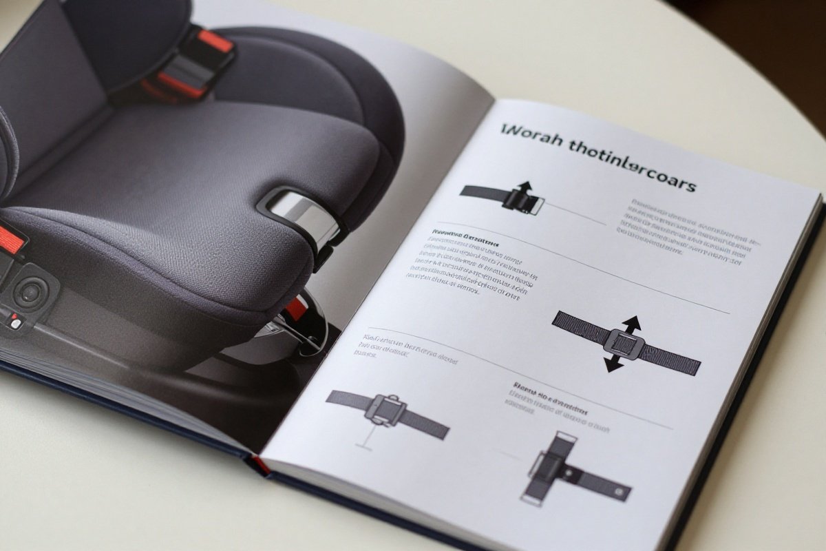 Car seat instruction manual open to installation diagram beside the actual seat