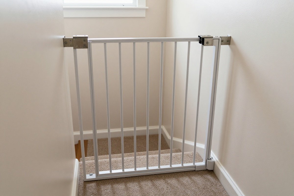 Hardware-mounted safety gate properly installed and latched at top of staircase