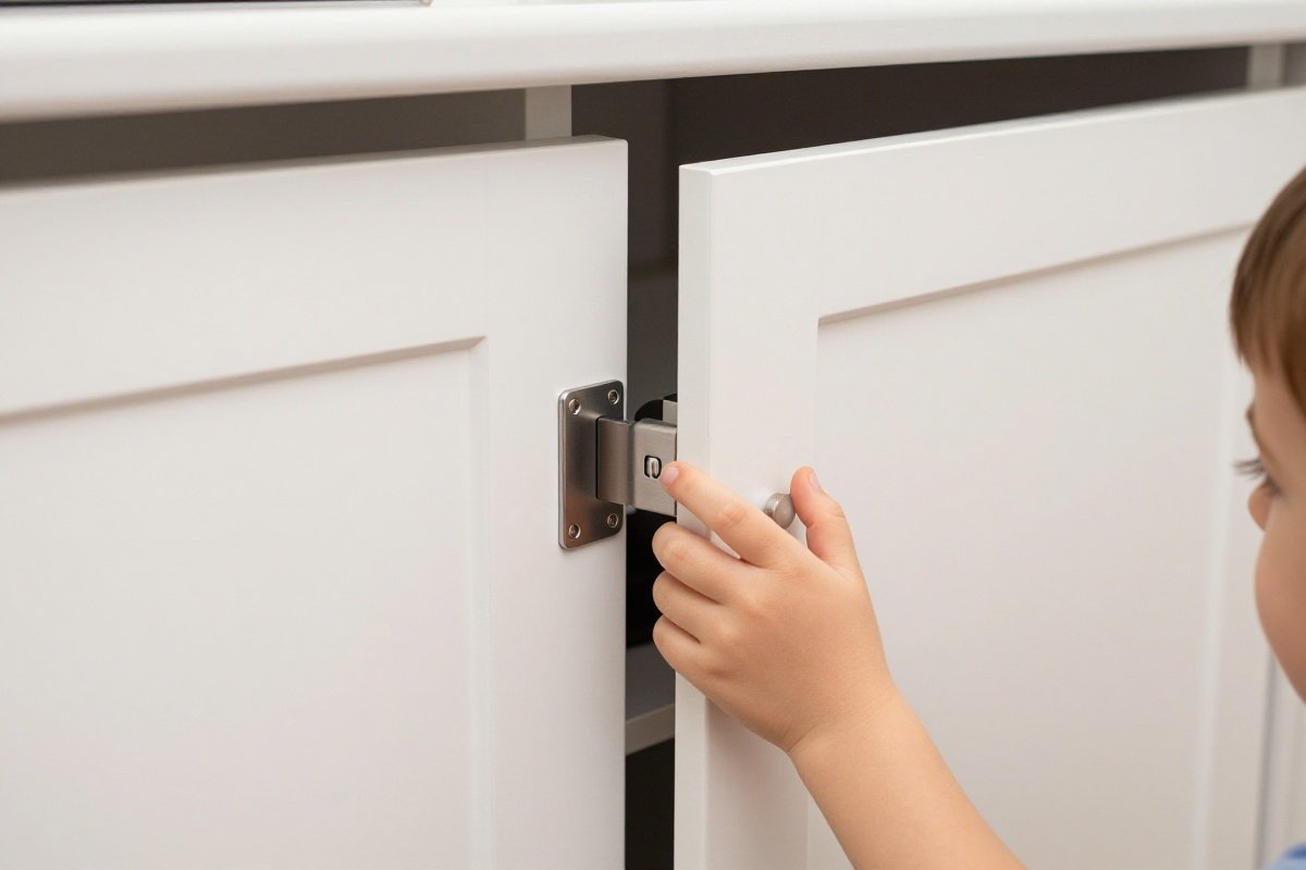 Magnetic cabinet lock preventing cabinet door from fully opening as child reaches for it