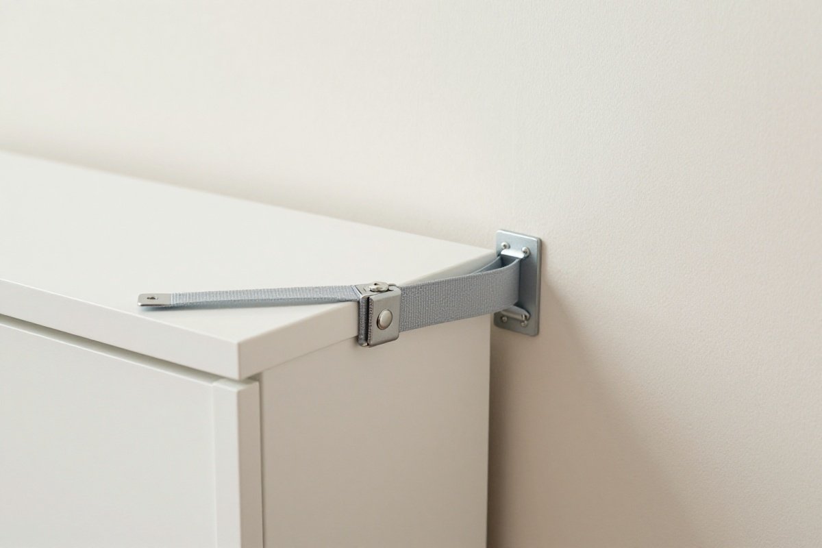 Furniture anti-tip strap securing dresser to wall stud with L-bracket hardware