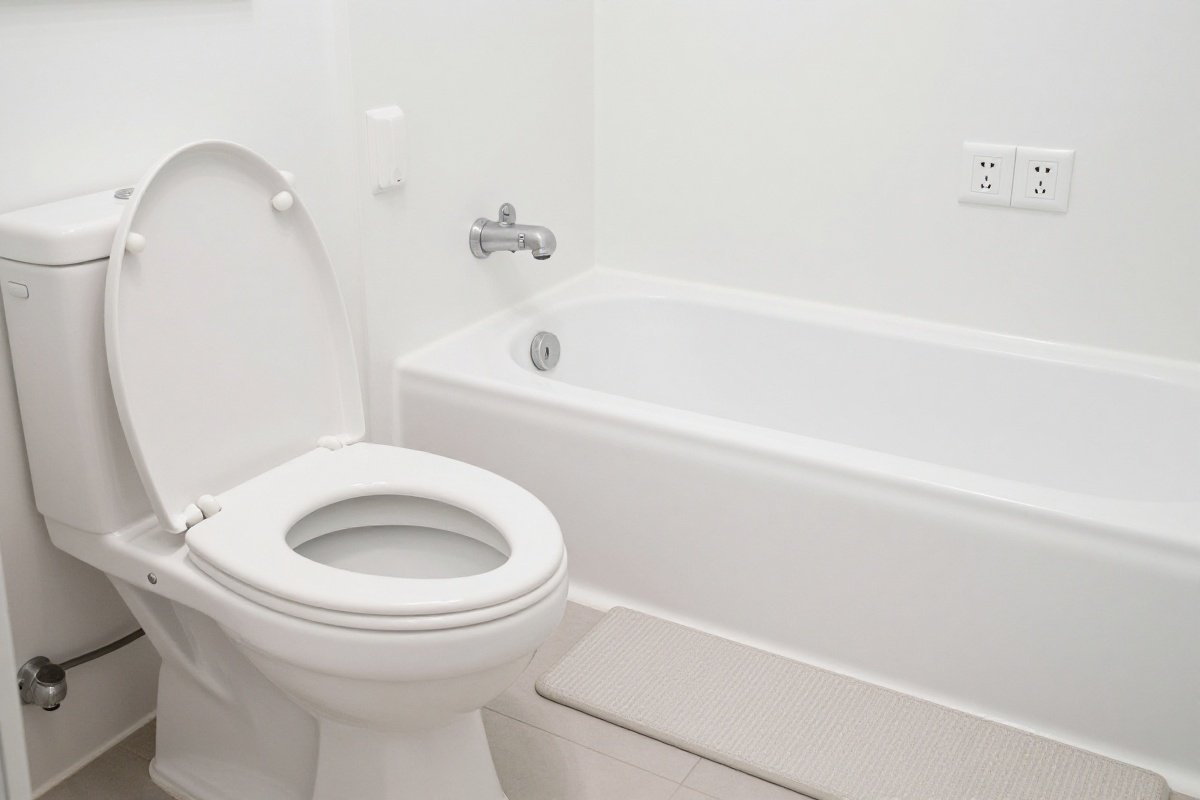 Childproofed bathroom showing toilet lock, non-slip bath mat, outlet covers, and spout cover