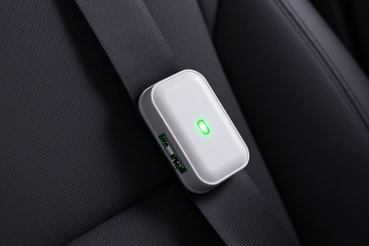 Smart sensor module with LED indicator mounted on car seat harness clip