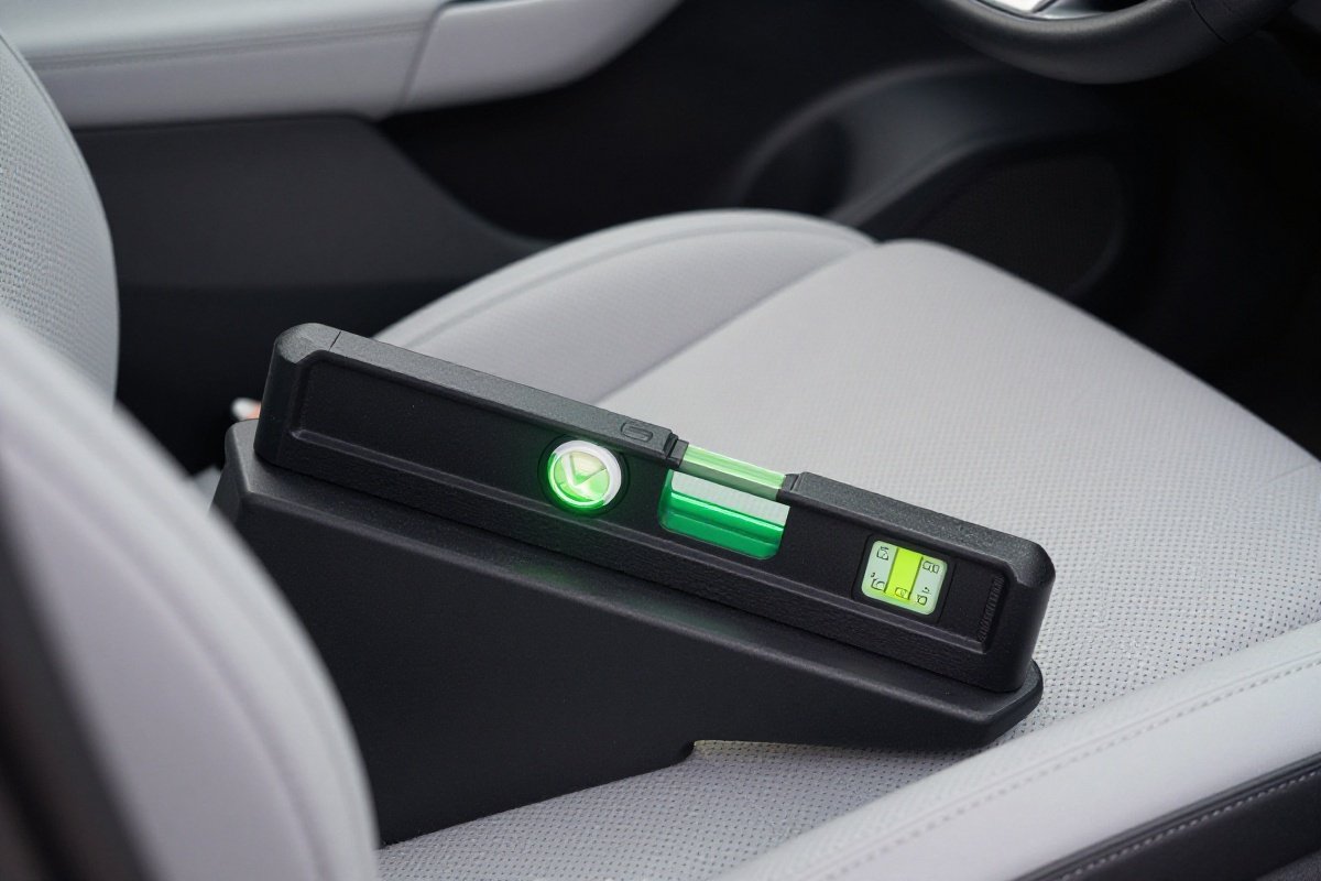 Car seat base with electronic level indicator showing correct installation angle