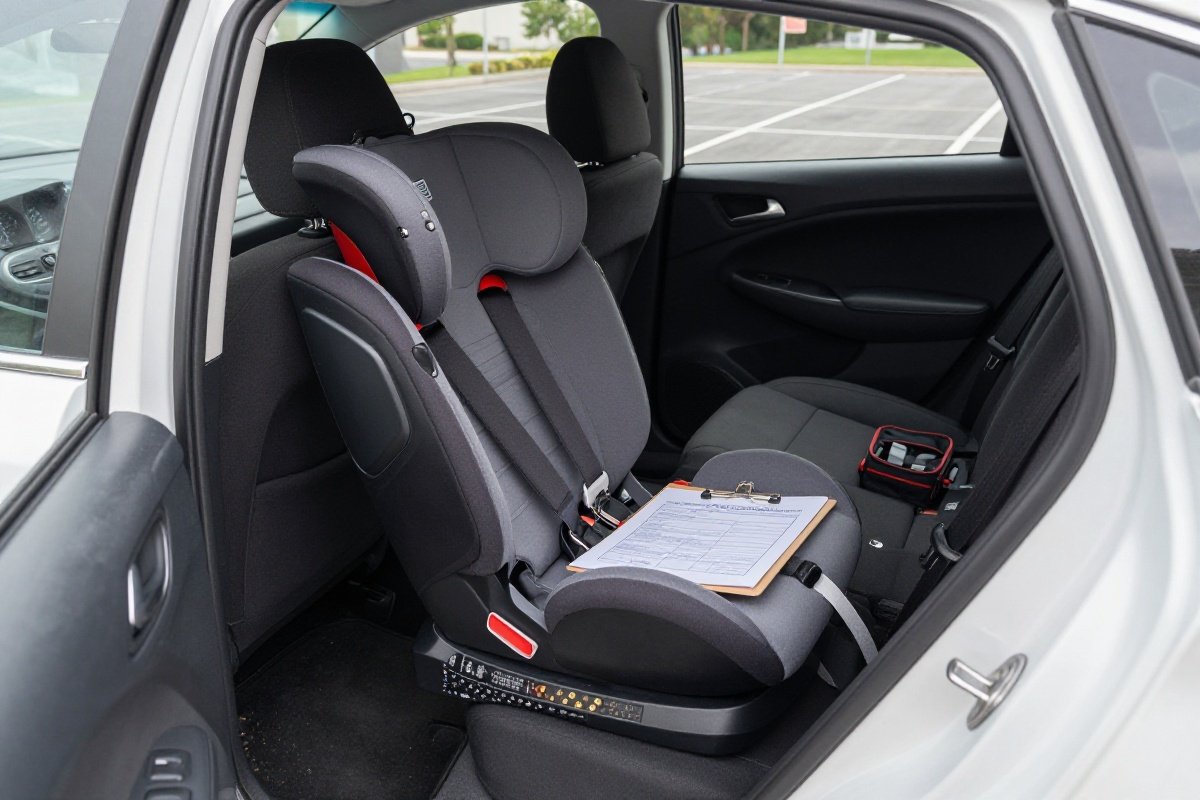Car seat inspection setup with clipboard and tool kit in vehicle back seat