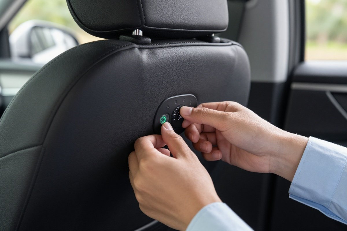 Hands adjusting car seat recline angle using built-in level indicator during inspection