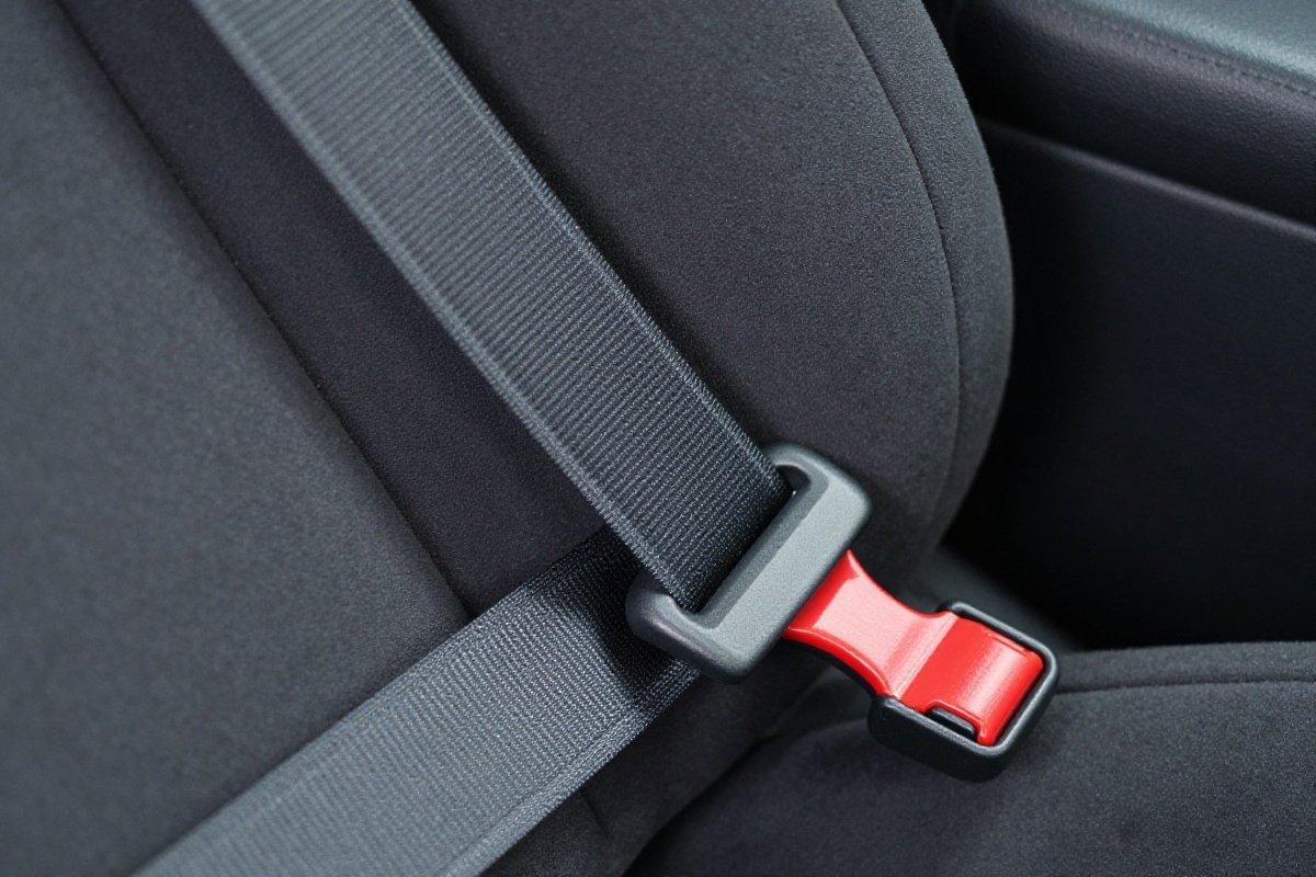 Vehicle seat belt threaded through car seat belt path showing proper routing