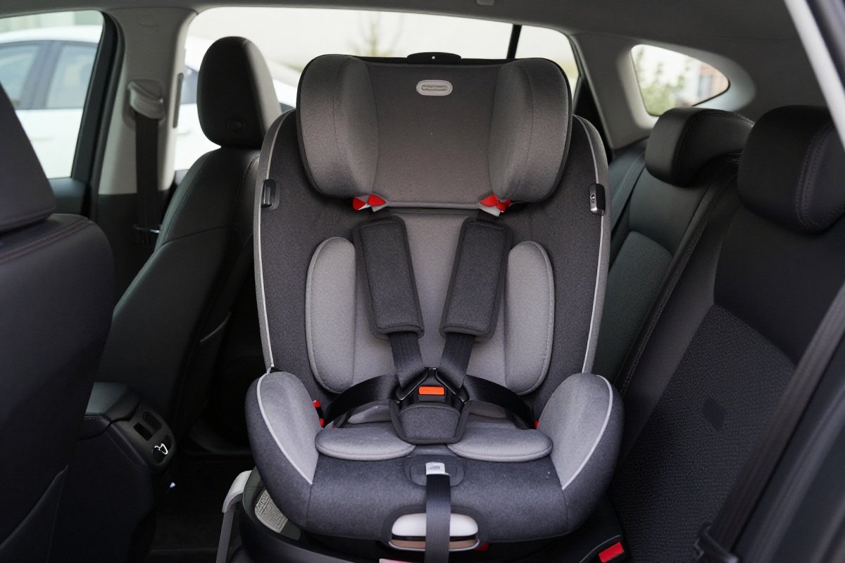Rear view of rear-facing car seat showing protective shell and headrest structure