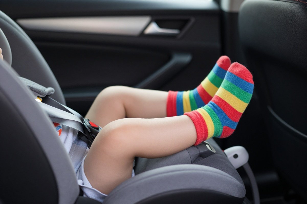 Toddler's legs comfortably bent against vehicle seat back in rear-facing car seat