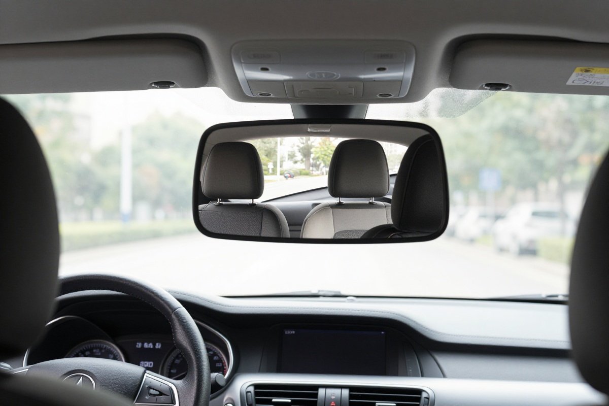 Rear-facing car seat mirror on headrest showing parent's view of rear-facing seat