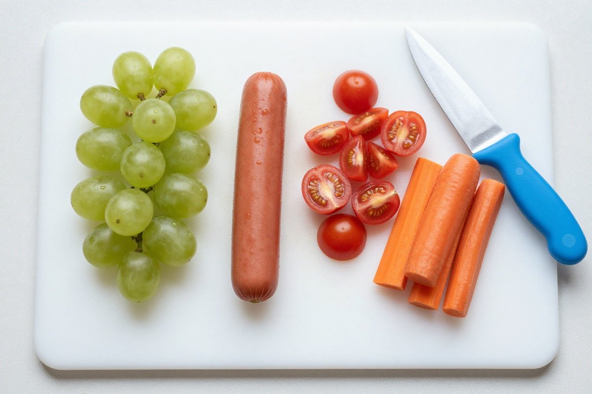 Cutting board showing properly prepared toddler foods with quartered grapes and diced hot dog