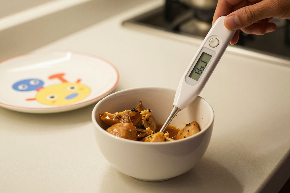 Food thermometer showing 165 degrees in reheated food next to child's plate