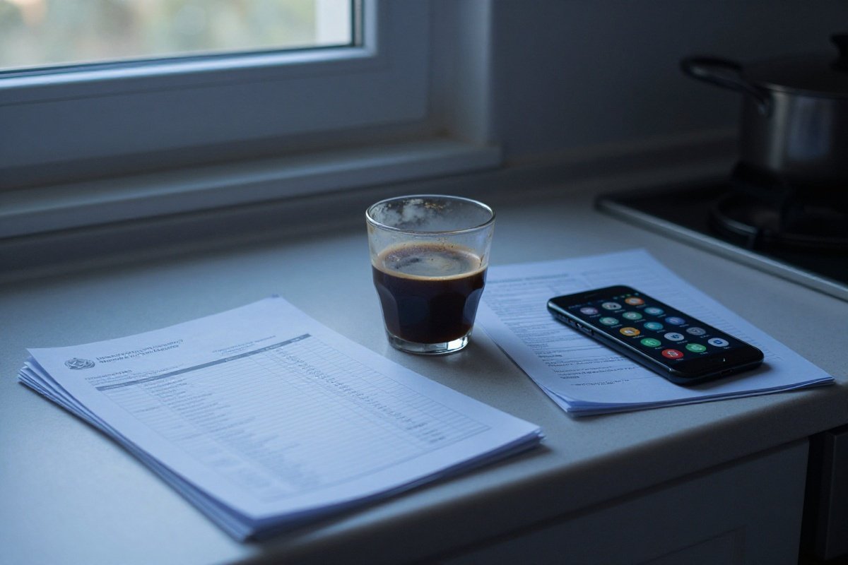 Cold untouched coffee next to medical papers and phone notifications at dawn