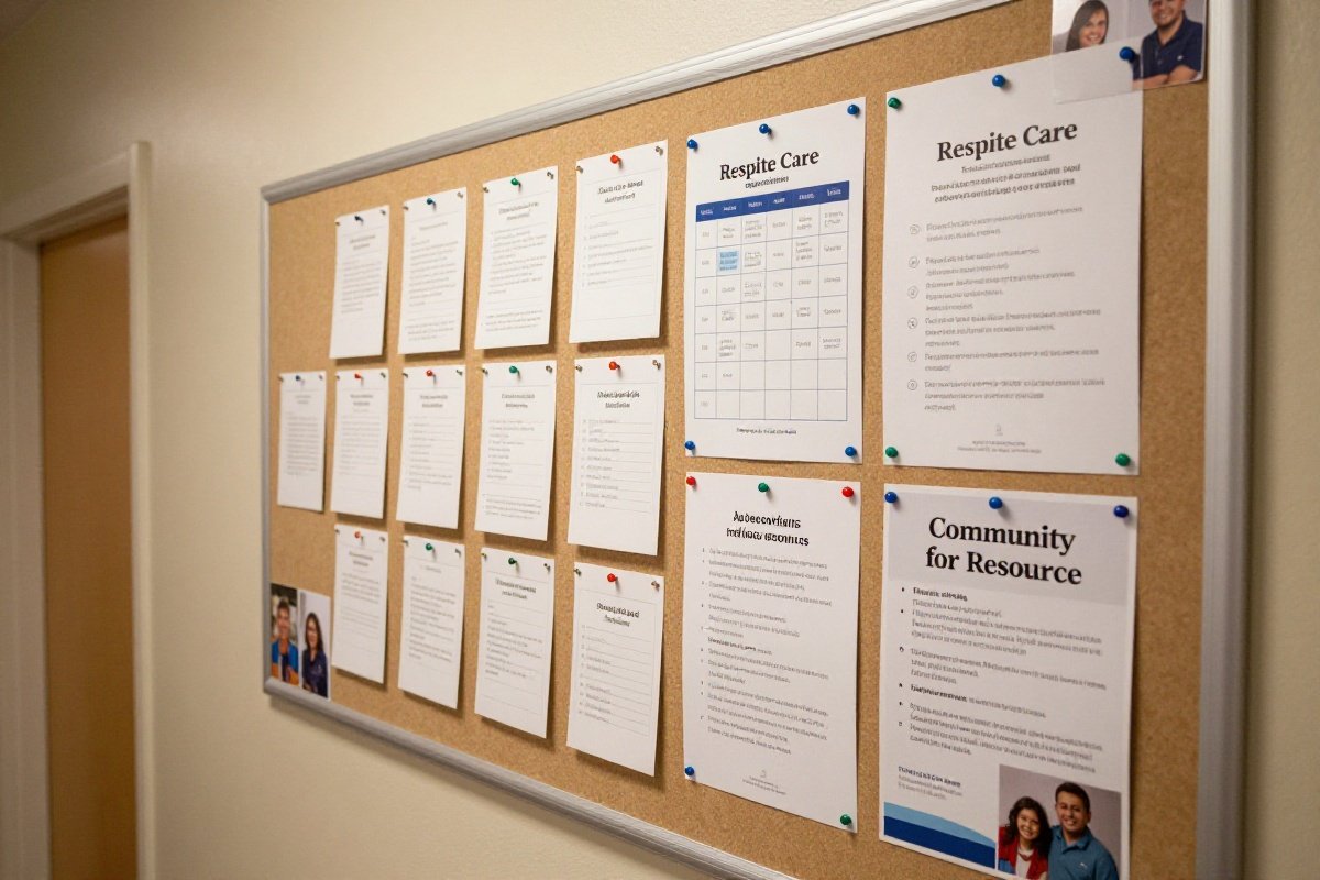 Home bulletin board with support organization cards and respite care schedule