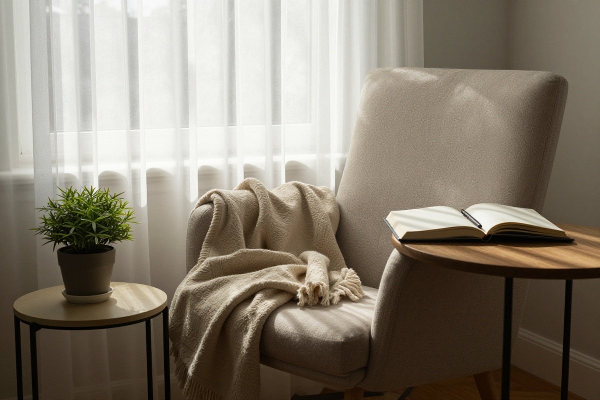 Quiet reading nook with journal, blanket, and plant suggesting caregiver self-care space