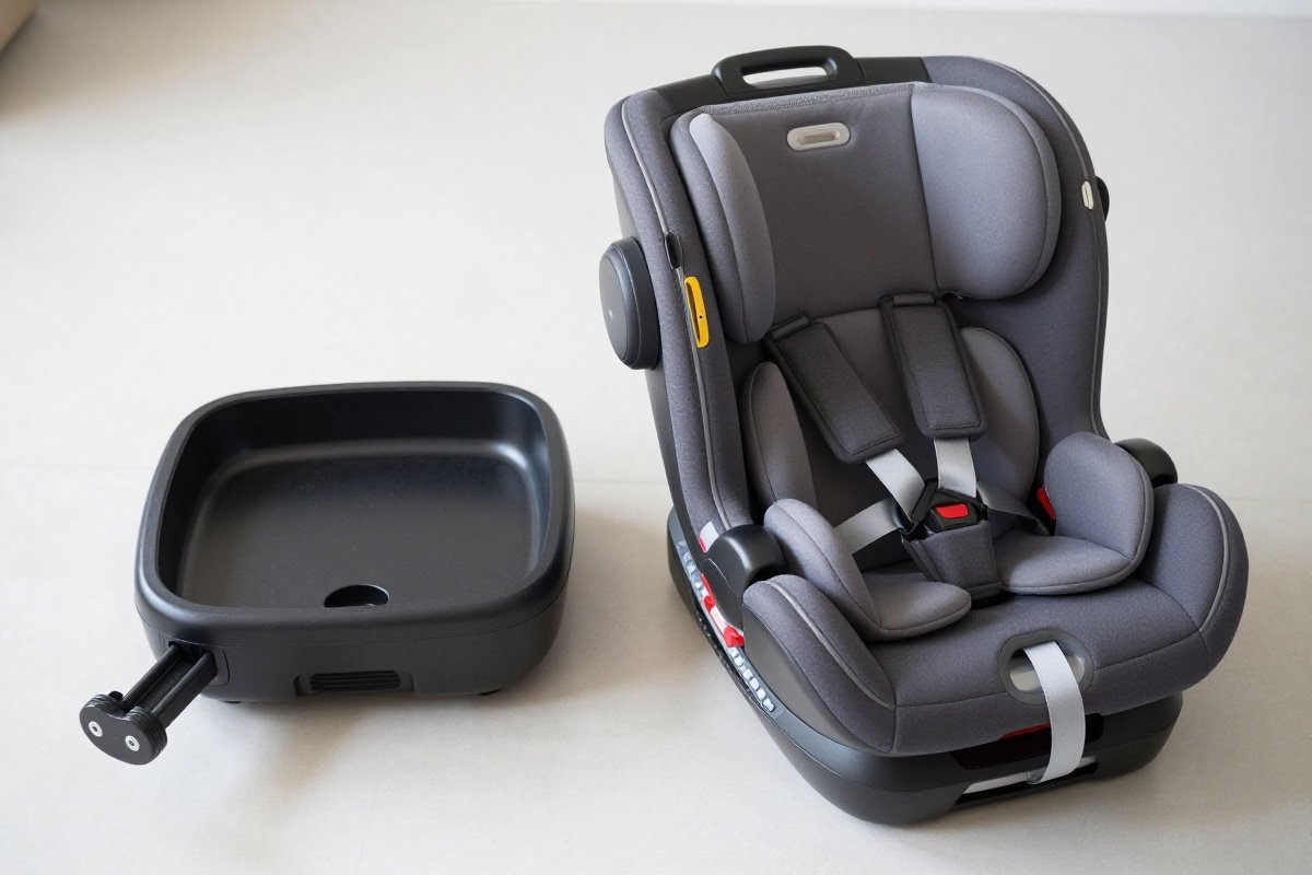 Infant car seat carrier separated from base showing two-piece click-in system