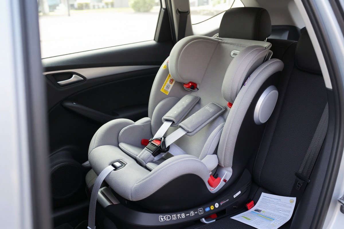 Properly installed infant car seat with handle down and snug harness in vehicle