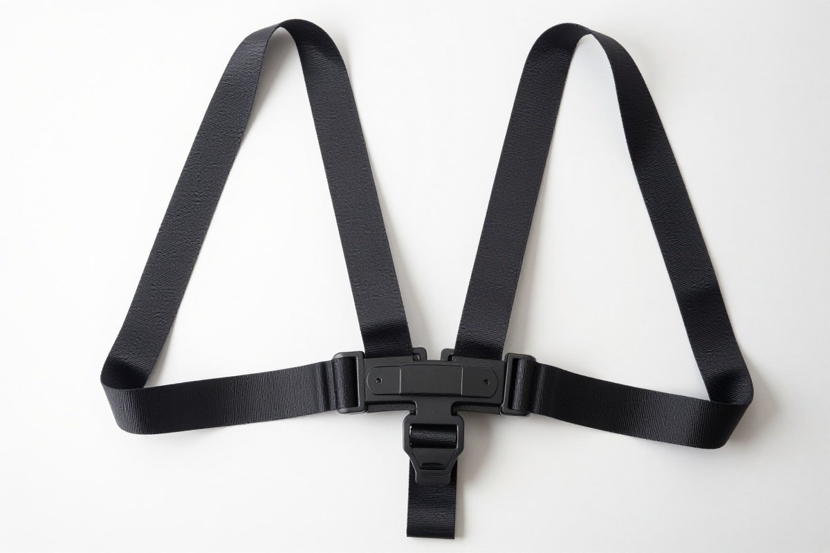 Car seat harness system laid flat showing complete strap routing and buckle components