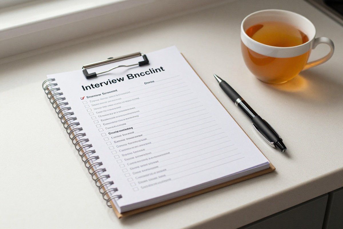 Babysitter interview checklist on notepad with pen on kitchen counter