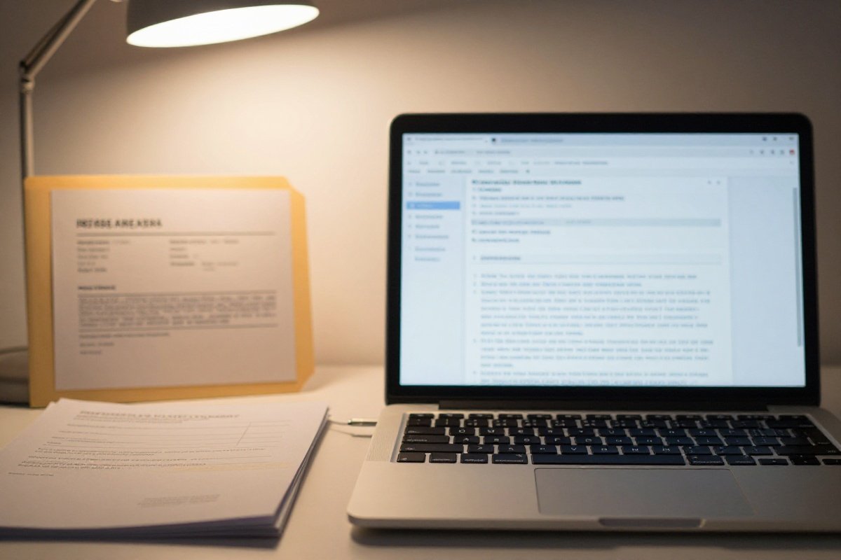 Laptop showing background check form and reference folder on home office desk
