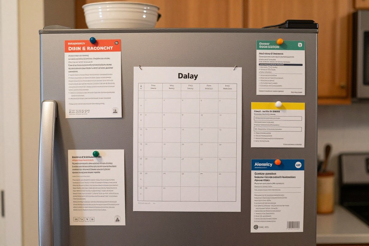 Refrigerator with babysitter information sheets including emergency contacts and schedules